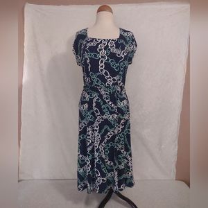 Lands' End Navy and White Chain Print Midi Dress